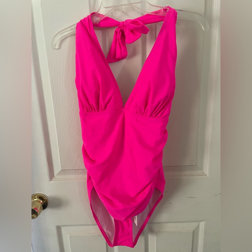 Neon pink halter top bathing suit